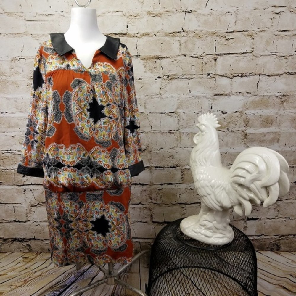 Walter Baker Cassi Paisley Mini Dress Satin Brown Leather Cuff Neutral Work XS